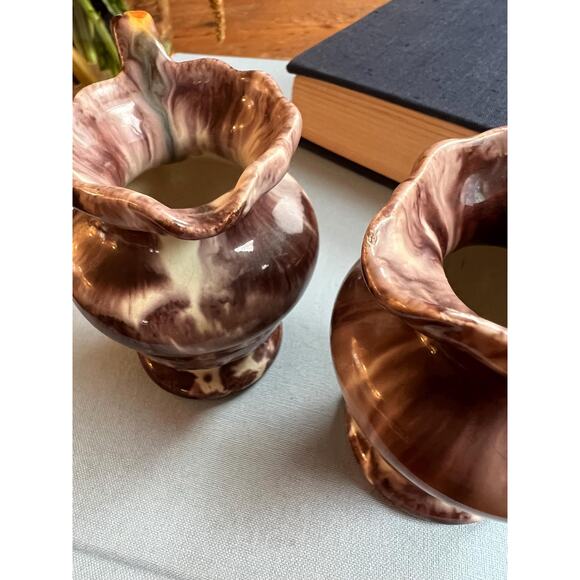 VTG Marbled Ceramic Creamer Brown Scalloped Bud Vase Fall Decor - Picture 3 of 10